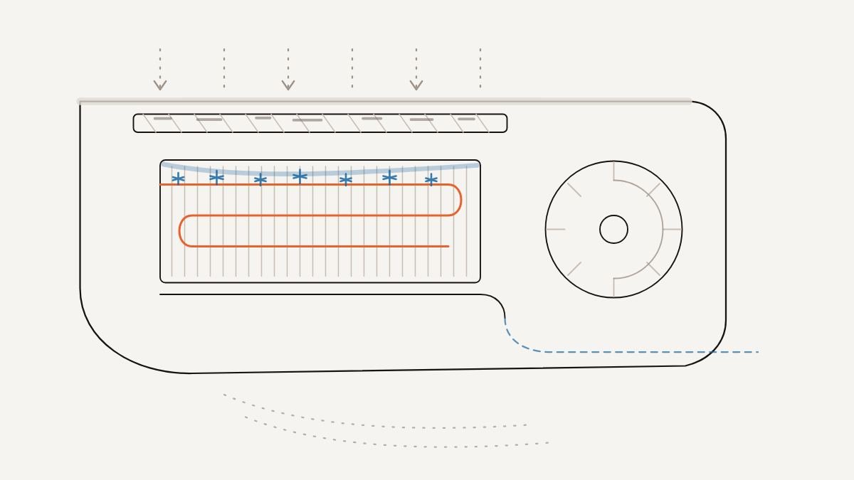 Cut away diagram of an indoor unit showing frost forming across the coil