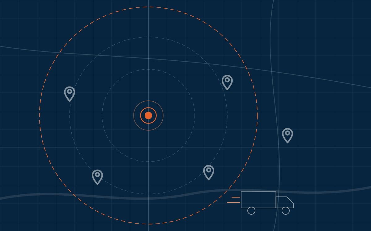 Diagram of a service area map with the roads radiating out from a central point